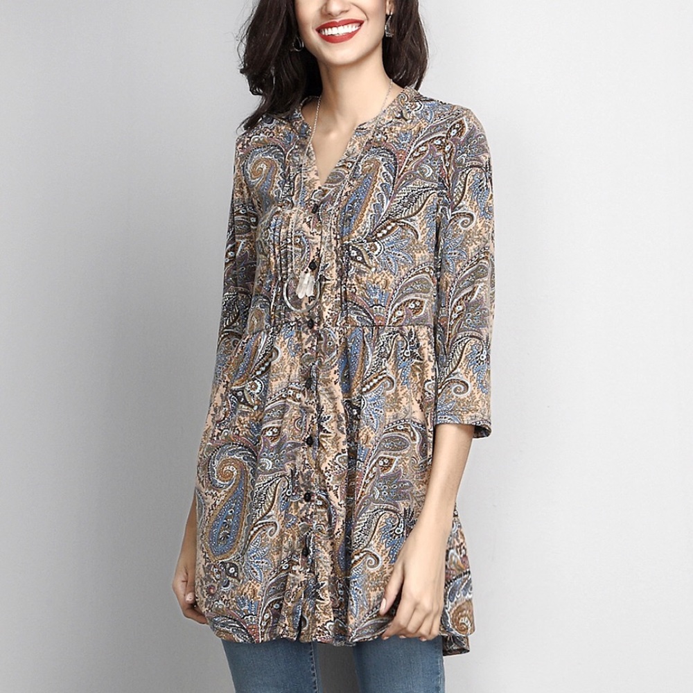 Brown Paisley Button-Down Tunic